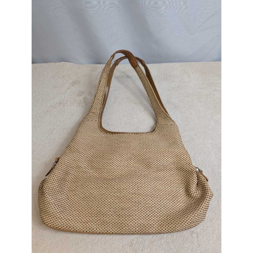 Croft & Barrow Woven Shoulder Bag‎ Tan Brown Leather Trim Everyday Hobo Purse